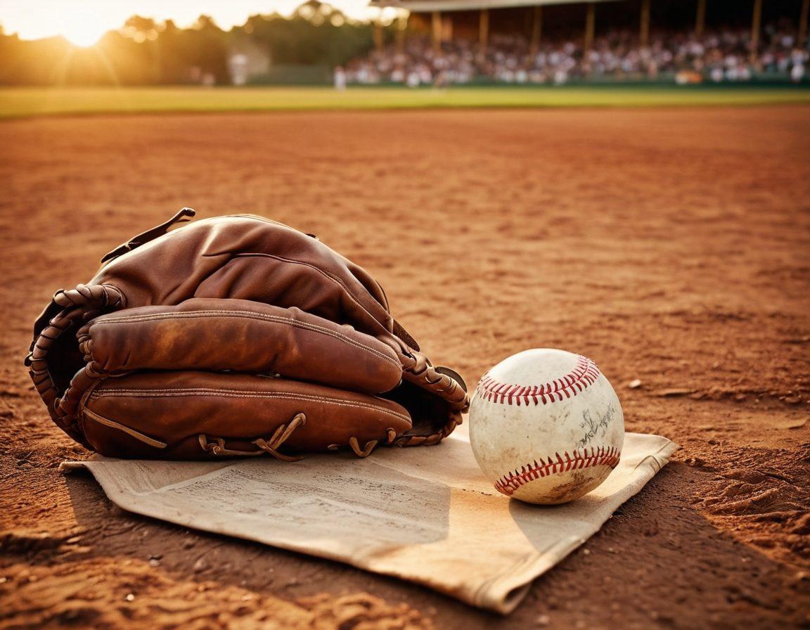A nostalgic baseball field at sunset, with a worn-out glove and ball resting on home plate, surrounded by faded photographs of legendary players in the background. A winding path leads through the field, symbolizing the journey of fans and players alike, under warm golden light. Elements of vintage baseball memorabilia scattered around, enhancing the allure and memories of the game. painterly style. warm tones. nostalgic ambiance.