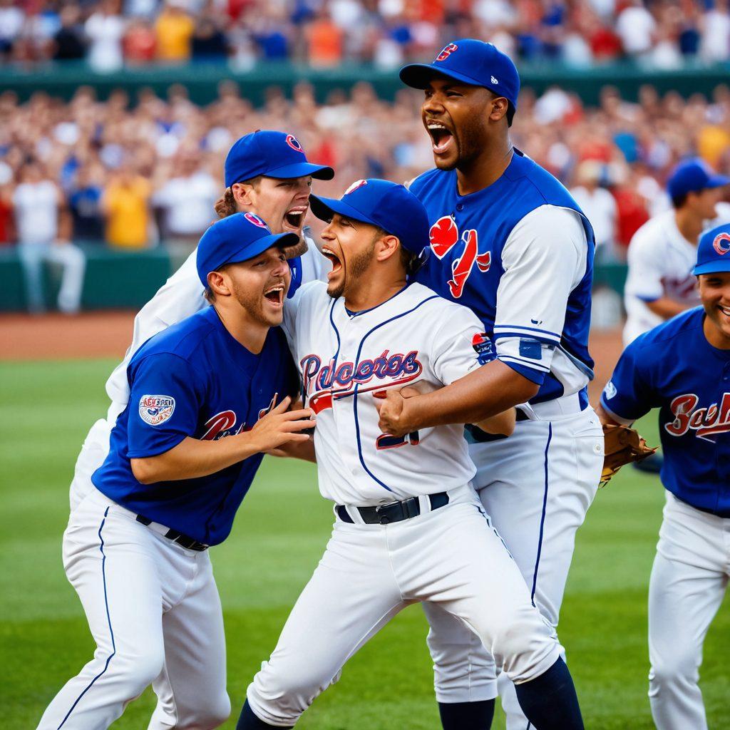 A dynamic baseball scene showing players on the field, with statistics and metrics visually overlaying the image, representing emotion and connection through facial expressions and body language. Include a heart shape subtly integrated into the design, symbolizing the emotional aspect of the sport. The backdrop features a cheering crowd in vibrant colors, highlighting the passion of the game. super-realistic. vibrant colors. dynamic composition.