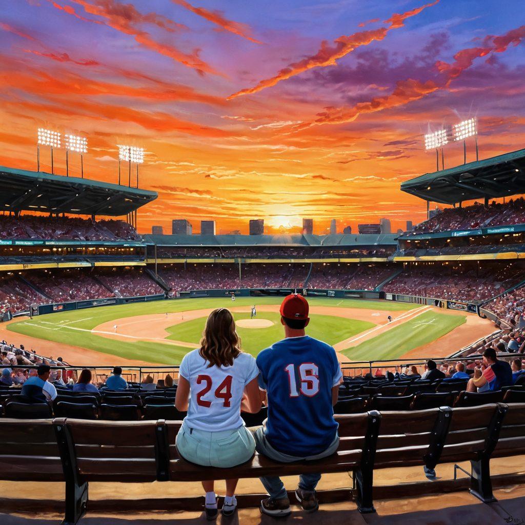 A whimsical scene depicting a vintage baseball stadium at sunset, with a couple sharing a heartfelt moment amidst the cheers of fans. Baseball stats and stories swirl like magic in the air, intertwining with glowing hearts. Include baseball memorabilia, a scorekeeper's bench, and playful lighting to evoke nostalgia and romance. vibrant colors. painting.